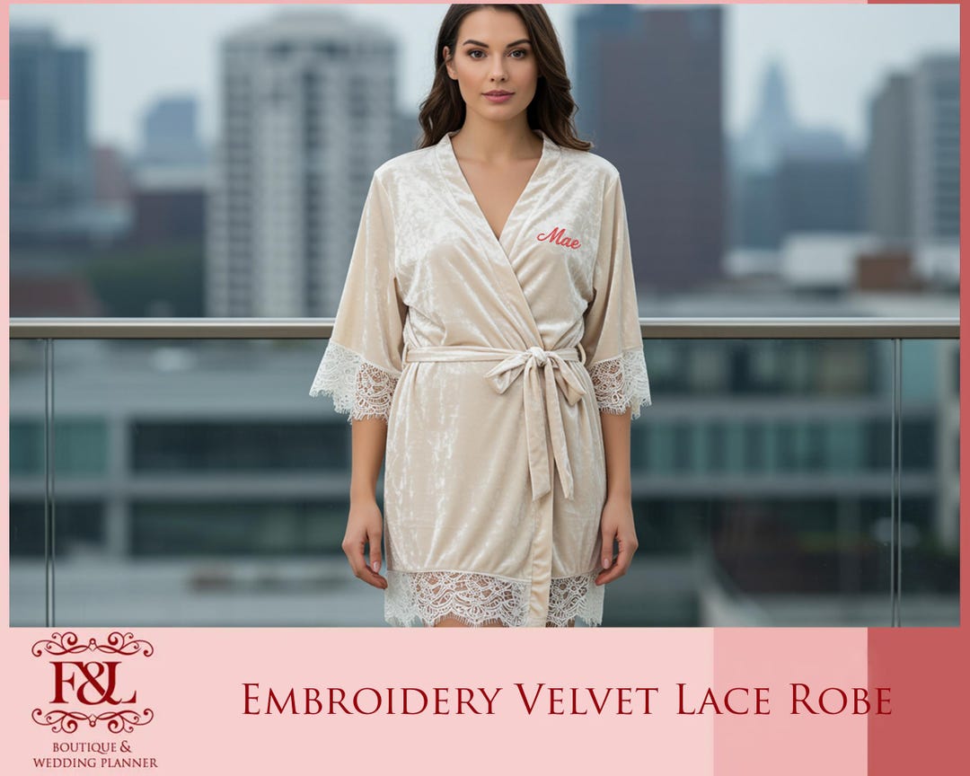 Embroidery Robe Custom Embroidery Velvet Lace Robe Bridal Party Gift for Her Bridesmaid ...
