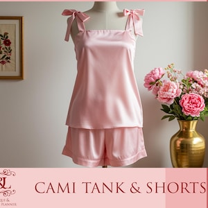 Satin Cami Tank and Shorts Cami Tie Knot and Shorts Satin Pj Sets Bridesmaids Gifts Bridal Sets Gift For Her Wedding Gifts