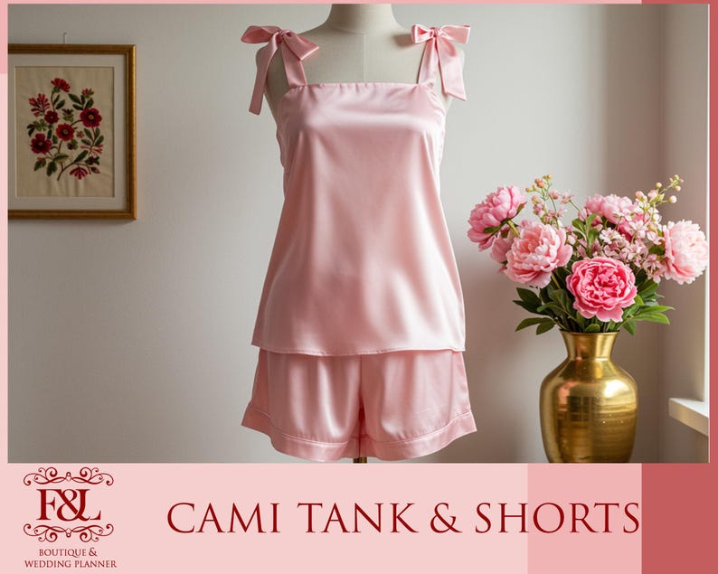 Pu&ograve; includere: Un set di top a canotta e pantaloncini in raso rosa. Il top ha spalline sottili con fiocchi sulle spalle. I pantaloncini hanno una cintura larga.