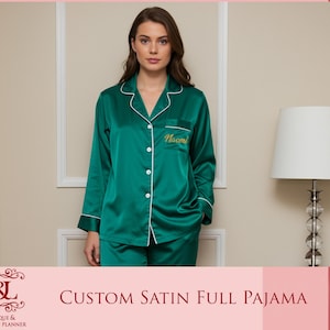 Personalized Satin Pajamas Set, Custom Name & Logo PJ Set, Bridesmaid Gift, Bridal Party Wear, Wedding Morning Outfit, Honeymoon Sleepwear