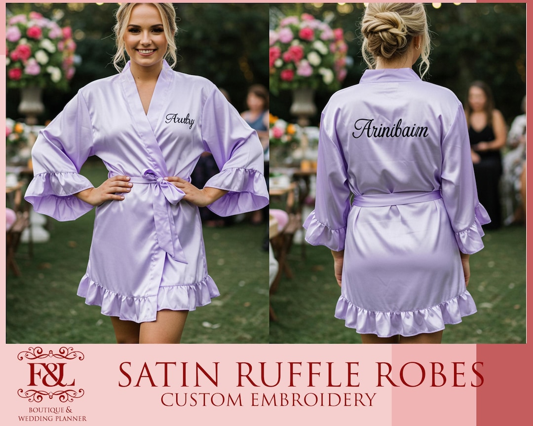 Bridal Robe Ruffle Personalized Ruffle Satin Robe Embroidered Bridal Crew Robes Wedding ...