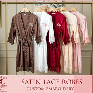 Custom Embroidered Lace Bridesmaid Robes Custom Bridal Party Satin Lace Robes Wedding Getting Ready Robes Bridesmaid Gift Wedding Favor Robe