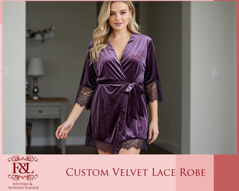 Custom Velvet Lace Robe Bridal Party Gift for Her Bridesmaid Party ...