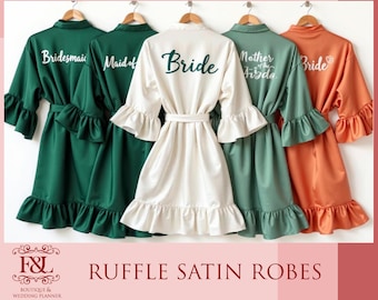 Custom Ruffle Satin Wrap for Bridal Crew Wedding Morning Outfit Luxury Spa Gift Bridal Party Robe Bridal Party Robes Party Prep Attire