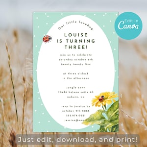 Love Bug Birthday Invitation Template | Printable Ladybug Third Birthday Invite | Editable Birthday Invitation |Lady Bug Theme Party