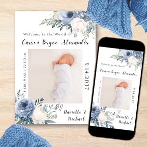 Modèle imprimable de faire-part de naissance pour petit garçon | faire-part de naissance modifiable | de Carte bleue numérique pour nouveau-né | Carte avec photo pour bébé garçon