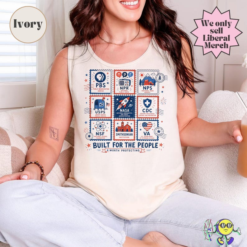 Vintage Stamps Protect Democratic Institutions PBS NPR Liberal Fourth of July shirt, National Parks USPS Anti Fascism, Leftist Protest image 17