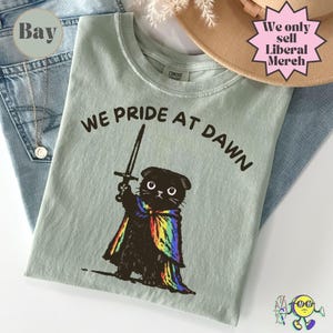 May include: A pale green t-shirt featuring the words "WE PRIDE AT DAWN" and a cartoon cat with a sword and rainbow cape. The shirt is folded on blue jeans, with a brown hat visible in the background.