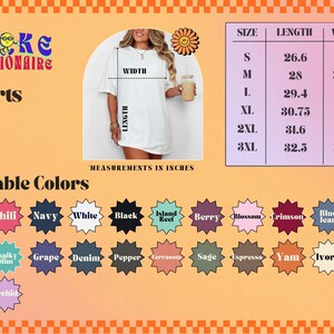 Size chart for "Broke Billionaire" T-shirts with measurements in inches for sizes S to 3XL: length ranges from 26.6 to 32.5, width from 18.25 to 27.75. Image shows a model wearing a plain white oversized T-shirt with dashed lines and labels indicating width and length. Available colors include Butter, Chili, Navy, White, Black, Island Reef, Berry, Blossom, Crimson, Blue Jean, Blue Spruce, Burnt Orange, Chalky Mint, Grape, Denim, Pepper, Terracotta, Sage, Espresso, Yam, Ivory, Citrus, Mystic Blue