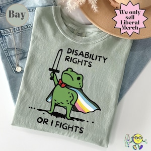 May include: A sage green t-shirt featuring a graphic of a green frog wearing a red bowtie and a cape with white, yellow, pink, and black stripes. The frog holds a sword, and the text reads: DISABILITY RIGHTS OR I FIGHTS in black lettering.
