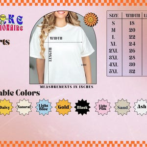 A sizing guide for "Broke Billionaire" t-shirts shows a model wearing a plain white tee with black dashed lines and text marking width and length measurements. A size chart lists sizes S to 5XL with width (18 to 32 inches) and length (28 to 35 inches). Available colors are shown as labeled starburst icons: White, Daisy (yellow), Natural (off-white), Light Blue, Gold, Black, Light Pink, Sand (tan), Ash (light gray), and Corn Silk (pale yellow).
