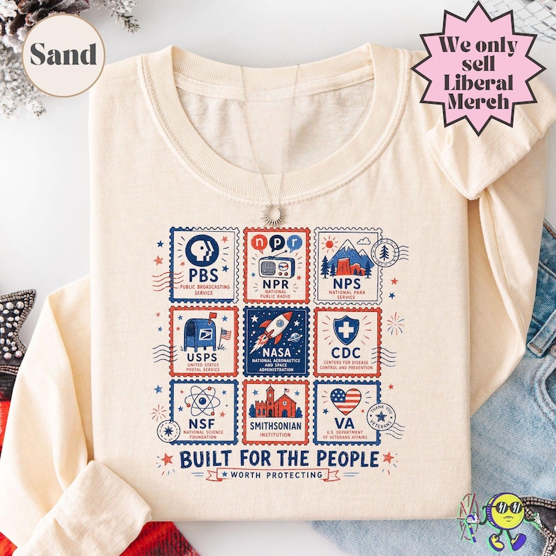 Vintage Stamps Protect Democratic Institutions PBS NPR Liberal Fourth of July shirt, National Parks USPS Anti Fascism, Leftist Protest image 12