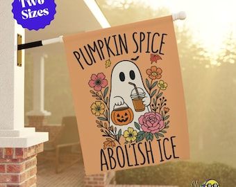 Pompoen Spice Abolish ICE Ghost Garden Flag, Chinga La Migra Anti-Trump Liberal Halloween Thanksgiving Decor, Anti-Fascisme Statement Flag