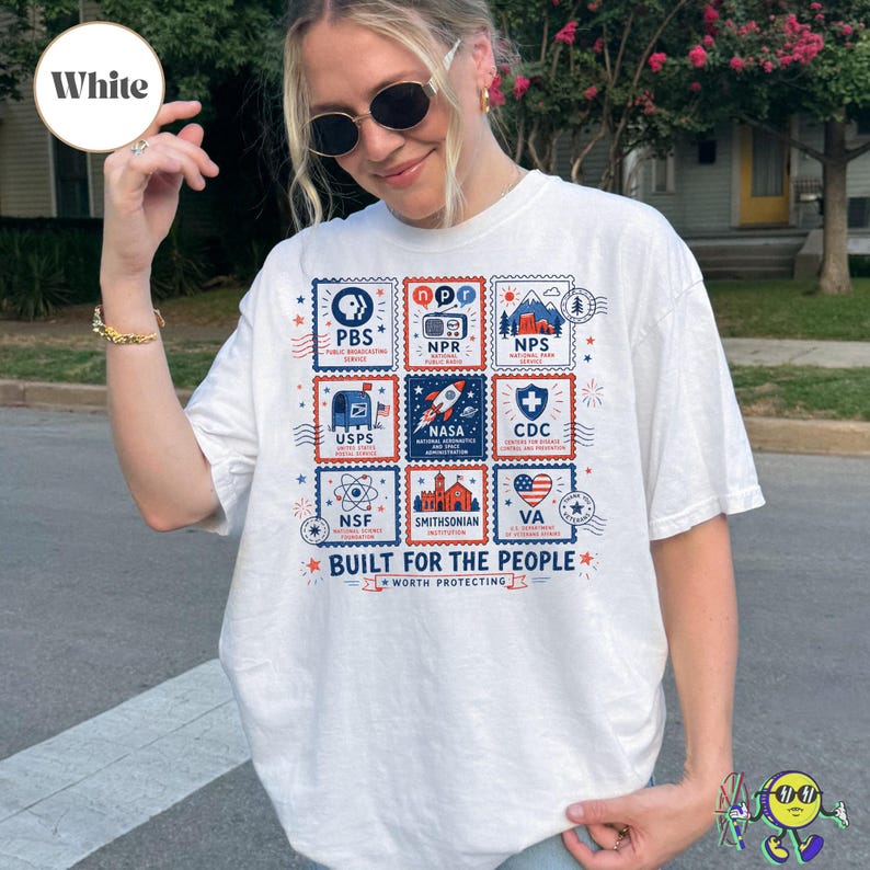 Vintage Stamps Protect Democratic Institutions PBS NPR Liberal Fourth of July shirt, National Parks USPS Anti Fascism, Leftist Protest image 8