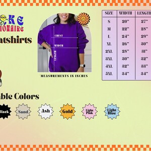 Sweatshirt size chart with labeled Width, Length, Sleeve in inches for sizes S to 5XL. A model wears a purple sweatshirt with white dashed lines marking Chest (width) and Length. Text reads "Broke Billionaire Sweatshirts." Available colors shown as starbursts labeled White, Black, Sand, Ash, Gold, Light Pink, Light Blue. Decorative cartoon heart and frog playing guitar surround the layout on a pale green background with orange checker borders.