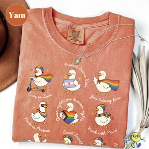 May include: Coral Comfort Colors t-shirt with cartoon ducks and LGBTQ+ pride symbols. Text includes "Love is Love", "Pride is Protest", "Queer rights are human rights", "You belong here", and "Honk with Pride". A silver necklace is draped across the shirt.