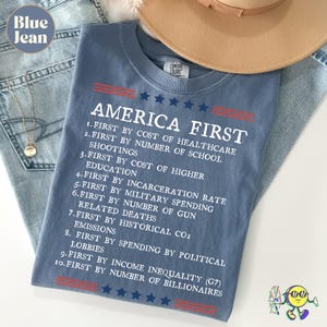 May include: A blue t-shirt featuring the text AMERICA FIRST followed by a numbered list of ten points regarding national statistics. The design includes red horizontal lines and blue stars at the top and bottom of the printed graphic text.