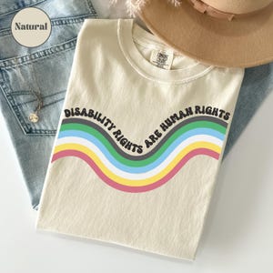 May include: A cream-colored t-shirt featuring the black text "DISABILITY RIGHTS ARE HUMAN RIGHTS" arched over a series of wavy, horizontal stripes in green, blue, white, yellow, and pink. The shirt has a crew neckline and a tag at the collar.
