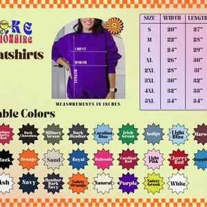 Sweatshirt size chart with measurements in inches for sizes S to 5XL, showing width (20-34"), length (27-34"), and sleeve length (33-40"). A model wears a purple sweatshirt with measurement lines labeled Chest, Width, and Length. Available colors are shown as starburst swatches labeled Sport Grey, Antique Cherry Red, Dark Chocolate, Military Green, Dark Heather, Carolina Blue, Irish Green, Indigo, Light Blue, Maroon, Graphite Heather, Forest Green, Black, Orange, Sand, Royal, Heliconia, Cardinal