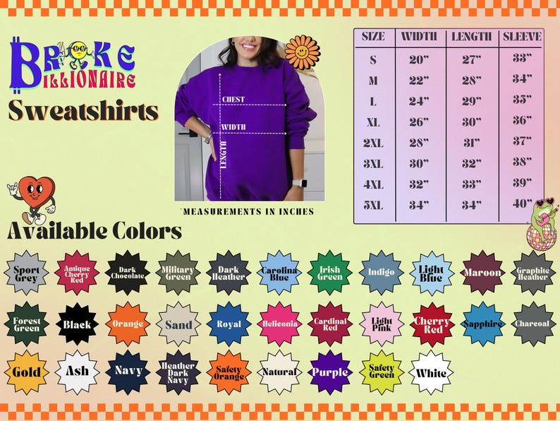 Sweatshirt size chart with measurements in inches for sizes S to 5XL, showing width (20-34"), length (27-34"), and sleeve length (33-40"). A model wears a purple sweatshirt with measurement lines labeled Chest, Width, and Length. Available colors are shown as starburst swatches labeled Sport Grey, Antique Cherry Red, Dark Chocolate, Military Green, Dark Heather, Carolina Blue, Irish Green, Indigo, Light Blue, Maroon, Graphite Heather, Forest Green, Black, Orange, Sand, Royal, Heliconia, Cardinal