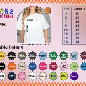 Tshirt sizing chart image with a model wearing a plain white Tshirt; arrows indicating width and length measurements. Size chart lists S to 5XL with widths from 18 to 32 inches and lengths from 28 to 35 inches. Below, 30 color swatches labeled: Sport Grey, Daisy, Dark Chocolate, Military Green, Dark Heather, Carolina Blue, Irish Green, Antique Irish Green, Light Blue, Maroon, Graphic Heather, Forest Green, Black, Orange, Sand, Royal, Heliconia, Cardinal Red, Light Pink, Lime, Sapphire, Ice Grey,