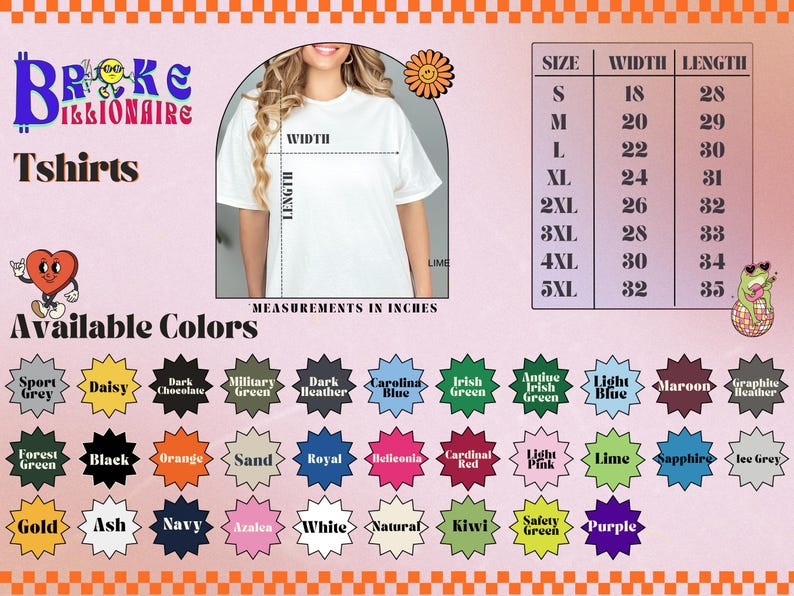 Tshirt sizing chart image with a model wearing a plain white Tshirt; arrows indicating width and length measurements. Size chart lists S to 5XL with widths from 18 to 32 inches and lengths from 28 to 35 inches. Below, 30 color swatches labeled: Sport Grey, Daisy, Dark Chocolate, Military Green, Dark Heather, Carolina Blue, Irish Green, Antique Irish Green, Light Blue, Maroon, Graphic Heather, Forest Green, Black, Orange, Sand, Royal, Heliconia, Cardinal Red, Light Pink, Lime, Sapphire, Ice Grey,