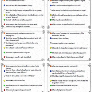 May include: A set of six white rectangular cards featuring trivia questions about the video game Skyrim. Each card contains twelve questions organized by colored bullet points in orange, blue, white, yellow, green, and red, with decorative corner borders.