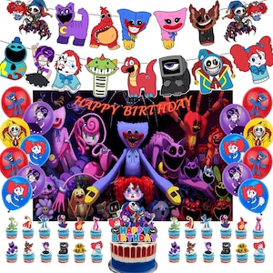 Set de decoración para fiesta de cumpleaños con temática de monstruos espeluznantes, pancarta con temática de juego de terror de dibujos animados, fondo, globos, adorno para pastel, palillos para cupcakes y artículos para niños.