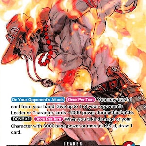May include: A trading card featuring Portgas D. Ace from the Whitebeard Pirates, engulfed in flames. The card has a power level of 6000 and includes game text detailing attack and damage abilities. The card's design is predominantly orange, red, and gray.