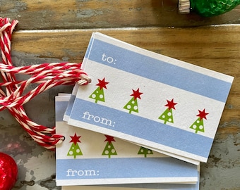 Etiquetas de regalo con la bandera de Chicago, etiquetas navideñas, etiquetas de regalo para las fiestas