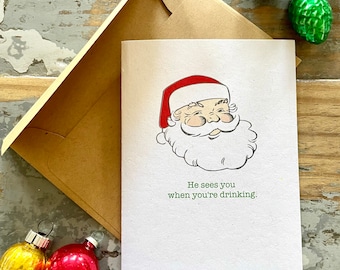 Tarjeta navideña divertida de Papá Noel bebiendo: diseño de inspiración vintage.