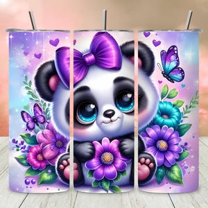 Cute Panda Tumbler Wrap PNG, Purple Floral Sublimation Design, Pastel Animal 20oz Skinny Tumbler Digital Download