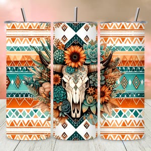 Boho Aztec 20oz Tumbler Wrap, Western Bull Skull PNG, Rustic Cactus Sublimation Design, Tribal Pattern Tumbler, Watercolor 20 oz Wrap