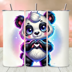 Envoltorio para vaso con diseño de panda en acuarela, diseño de sublimación PNG de panda de dibujos animados de 20 oz, arte digital de panda para vasos, linda plantilla de corazón de panda