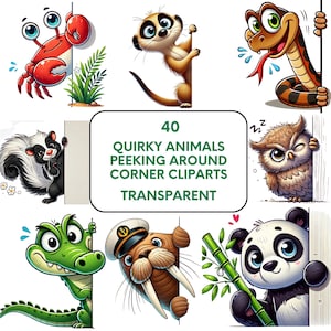 40 Quirky Animal Clipart PNGs, Whimsical Animal Digital Download, Funny Peeking Animal Designs, Silly Animal Graphics, Commercial Use