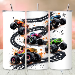 Monster Trucks Tumbler Wrap, Kids Racing 20 Oz Skinny Sublimation Tumbler PNG, Children&#39;s Toddlers Cup Wrap Digital Design File