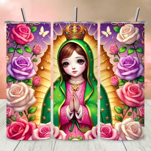 Envoltura para vaso de la Virgen de Guadalupe de Chibi, diseño de sublimación de la Virgen de Guadalupe, PNG recto y delgado de 20 oz, diseño de envoltura para descarga digital