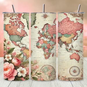 Weltkarte Tumbler Wrap PNG, Vintage Retro Map Design, antike 20 Oz Skinny Sublimation, Reise digitaler Download, Trending Tumbler Wrap
