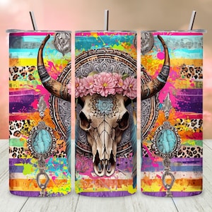 Boho Aztec 20oz Tumbler Wrap, Western Bull Skull PNG, Rustic Cactus Sublimation Design, Tribal Pattern Tumbler, Watercolor 20 oz Wrap