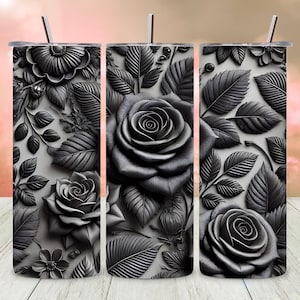3D Black Roses Tumbler Wrap, 20 oz Skinny Sublimation Design, Straight Tumbler PNG, Floral Digital Download, Gothic Tumbler Design