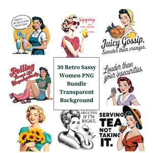 Retro Women PNG Bundle, Sarcastic Housewife Digital Files, Vintage Sarcastic Quotes, Printable Retro Art, Digital Download Pack