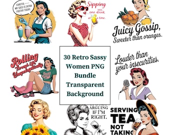 Retro Women PNG Bundle, Sarcastic Housewife Digital Files, Vintage Sarcastic Quotes, Printable Retro Art, Digital Download Pack