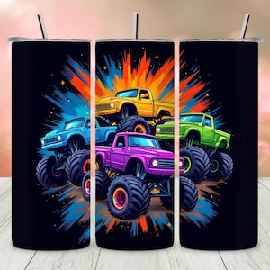 Monster Truck Kids Tumbler Wrap, 20oz Children&#39;s Sublimation PNG, Fun Truck Design, Straight Tumbler Wrap, Kid&#39;s Digital Download