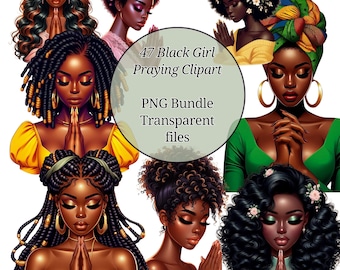 Black Girl Praying Clipart Bundle, African American Prayer Women Clipart, Faith Planner Stickers, Digital Art, Sublimation Designs, PNG