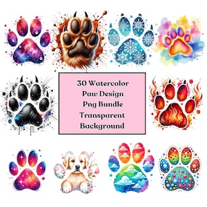 Pacote de clipart de 30 patas de cachorro em aquarela, ilustração de pegada de animal de estimação PNG, arte digital para amantes de animais de estimação, scrapbooking, criação de cartões, uso comercial