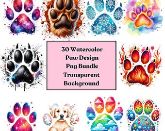 30 Watercolor Dog Paws Clipart Bundle, Pet Footprint Illustration PNG, Pet Lover Digital Art, Scrapbooking, Card Making, Commercial Use
