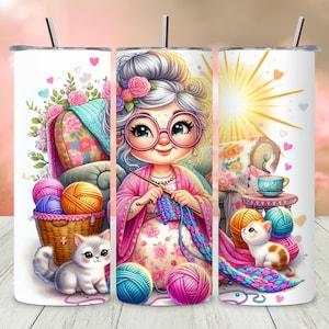 Senior Lady Knitting Tumbler Wrap, Funny Grandma Cartoon PNG, Crochet Comics Design, 20oz Skinny Tumbler Sublimation, Craft Humor PNG