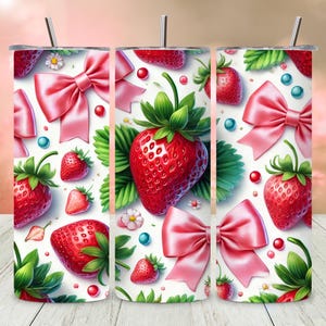 Strawberries and Bows Tumbler Wrap, 20oz Skinny Tumbler Sublimation Design, Coquette Aesthetic Tumbler PNG, Strawberry Seamless Tumbler Art