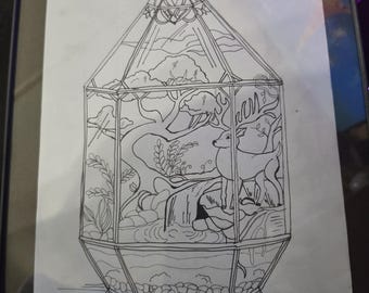 Handgezeichnete Terrarium Kunst: Hirsch, Wasserfall, Wald-Szene