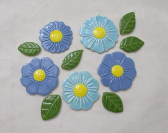 BL - 11 pc Blue FLOWERS, LEAVES - Ceramic Mosaic Tiles
